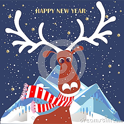 Deer cartoons animal on blue mountain landscape starry night Happy New Year congratulation card Vector Illustration